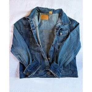Maurices Denim Jacket L Classic Trucker Stretch Medium Wash Button Up Jean Coat